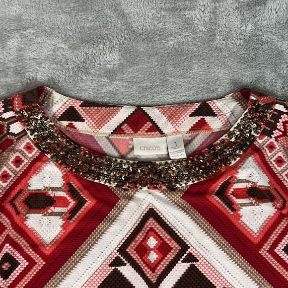 Chicos Red Brown Geometric Print Beaded Aztec Cutout Sleeve Dress Size‎ 1-US M/8 - Picture 2 of 6